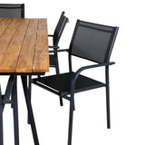 Jídelní stůl Chan – černá ocel / akácie (vzhled teak) – 200 cm + křeslo Santorini (stohovatelné) – černá alu / černá textilie_6