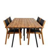 Jídelní stůl Chan - Černá ocel / Akácie (týkový vzhled) - 200 cm + Stohovací židle Venice - Teak / Černá textilní_4