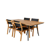 Jídelní stůl Chan - Černá ocel / Akácie (týkový vzhled) - 200 cm + Stohovací židle Venice - Teak / Černá textilní_4