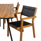 Jídelní stůl Chan - Černá ocel / Akácie (týkový vzhled) - 200 cm + Stohovací židle Venice - Teak / Černá textilní_4