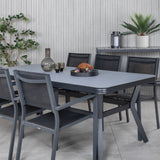 Jídelní stůl Virya - černý Alu / šedé sklo - velký stůl + stohovací židle Copacabana - Black/Black_6