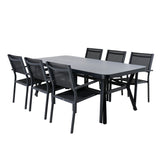 Jídelní stůl Virya - černý Alu / šedé sklo - velký stůl + stohovací židle Copacabana - Black/Black_6