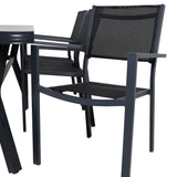 Jídelní stůl Virya - černý Alu / šedé sklo - velký stůl + stohovací židle Copacabana - Black/Black_6
