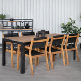 Bois Jídelní stůl 205*90cm - Černé nohy / Akácie + Stohovací židle Venice - Teak / Černá textilní_6