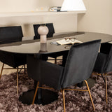 Pillan oválný jídelní stůl , černé černé sklo mramor + židle Petra , distressed měď černý samet_4