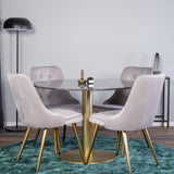 Kulatý jídelní stůl Estelle 106 cm šedý mramor / mosaz - sametová jídelní židle Deluxe - broušená mosaz noha / světle šedý samet 4