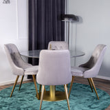 Kulatý jídelní stůl Estelle 106 cm šedý mramor / mosaz - sametová jídelní židle Deluxe - broušená mosaz noha / světle šedý samet 4
